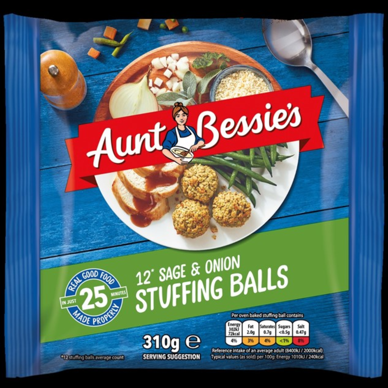 Aunt Bessies Sage & Onion Stuffing Ball UNIT 6x260g . Packed 2 units to a case.
Unit Weight: 1.86 Kilos.