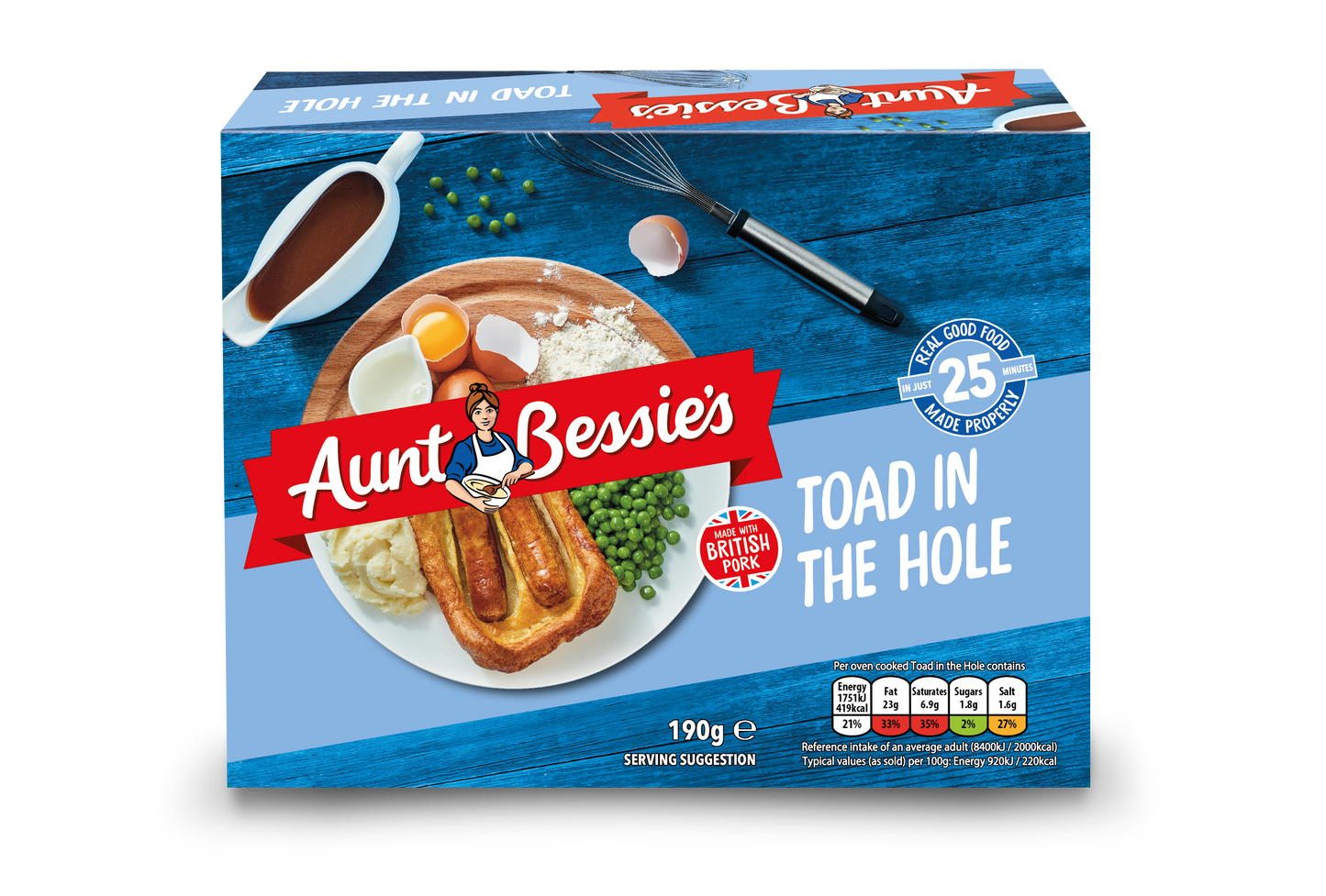 Aunt Bessie Toad in the hole UNIT 6x190g . Packed 2 units to a case.
Unit Weight: 1.46 Kilos.