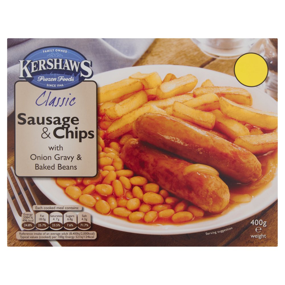 Kershaws Classic Sausage & Chips with Onion Gravy & Baked Beans 400g   400g × 12