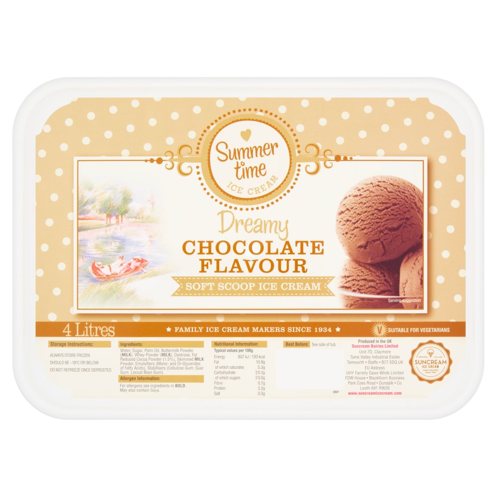 Suncream Summer Time Dreamy Chocolate Flavour Soft Scoop Ice Cream 4 Litres   4Ltr × 1