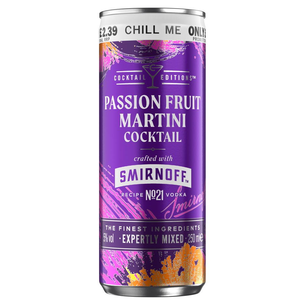 Smirnoff Passionfruit martini cocktail 5% vol 250ml Can PMP £2.39   250ml × 12 × 1