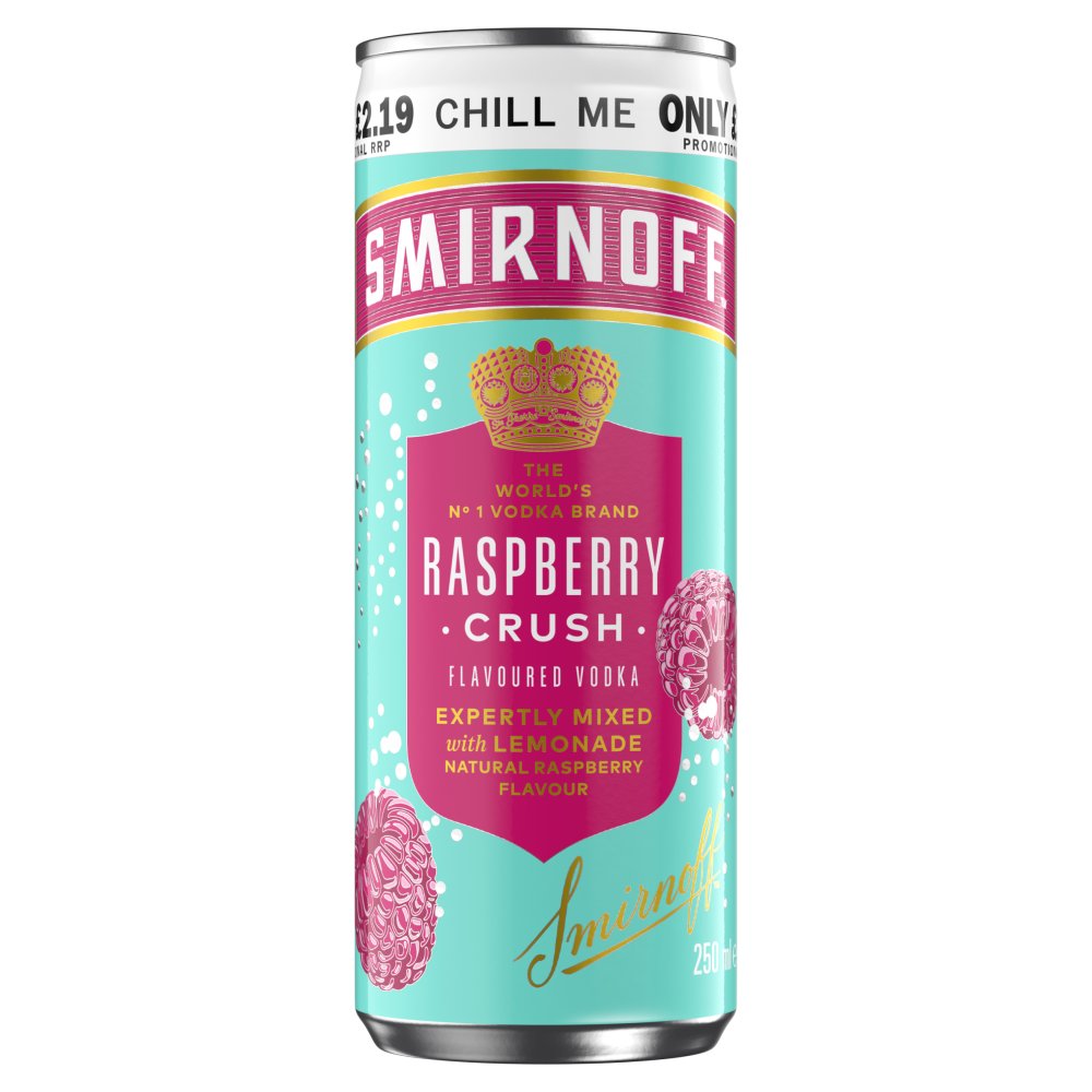 Smirnoff Raspberry Crush & Lemonade 5% vol Can PMP £2.19   250ml × 12 × 1