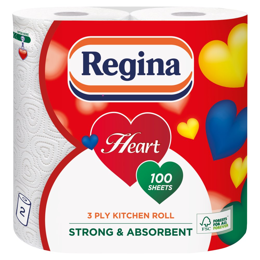 Regina Heart 3 Ply 100 Sheets 2 Kitchen Roll   2s × 10 × 1