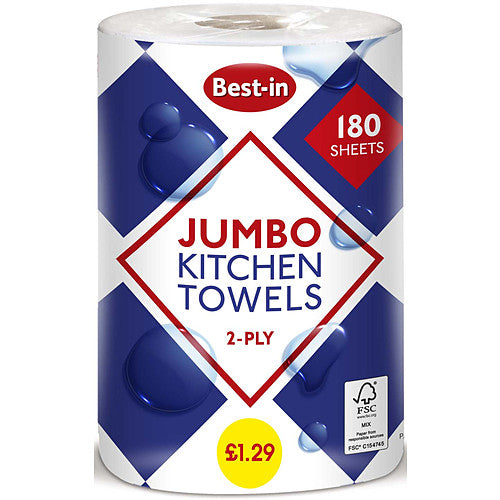 Bestin Jumbo Kitchen Towel 2ply White PM £1.29   1Roll × 6 × 1