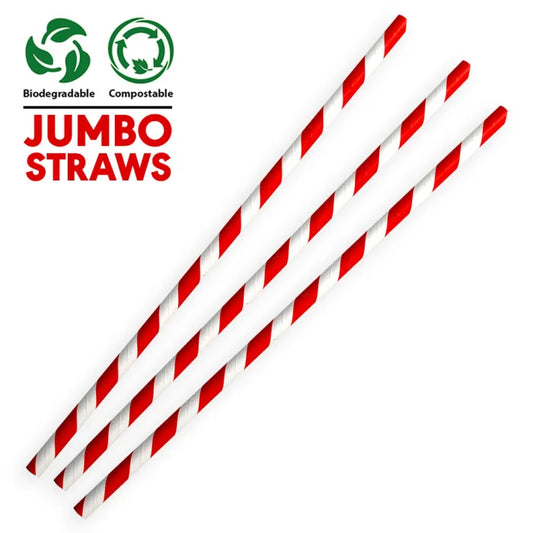 Jumbo Red & White Compostable Paper Smoothie Straws (230x8x8mm) Box of 250