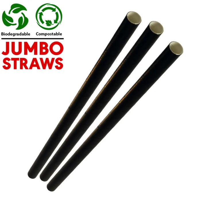 Jumbo Black Compostable Paper Smoothie Straws (230x8x8mm) Box of 250