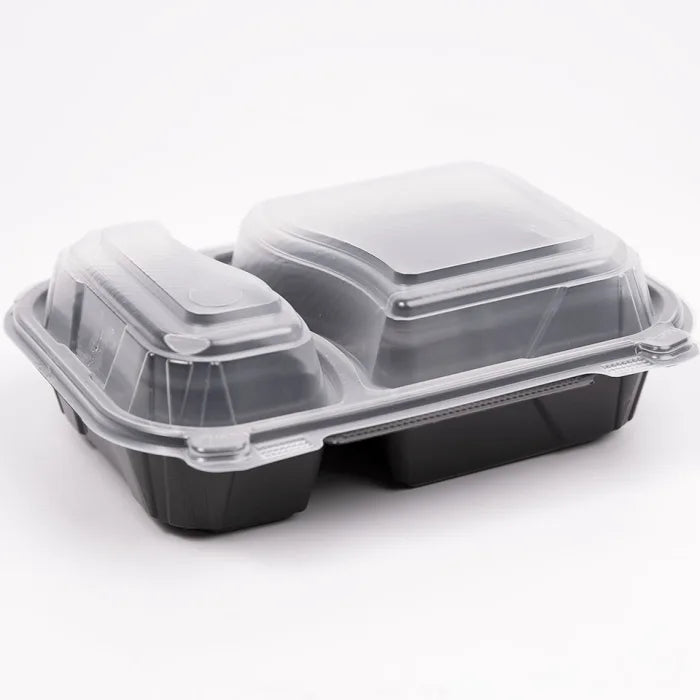 900ml Rectangular Microwave Black Two Compartment Containers with Lids Box of 80