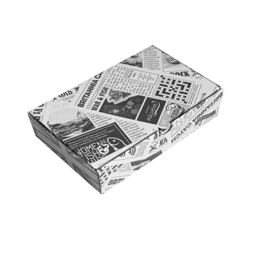 9" Newspaper Print Cardboard Fish & Chips Boxes (250x55x160mm) Case of 100