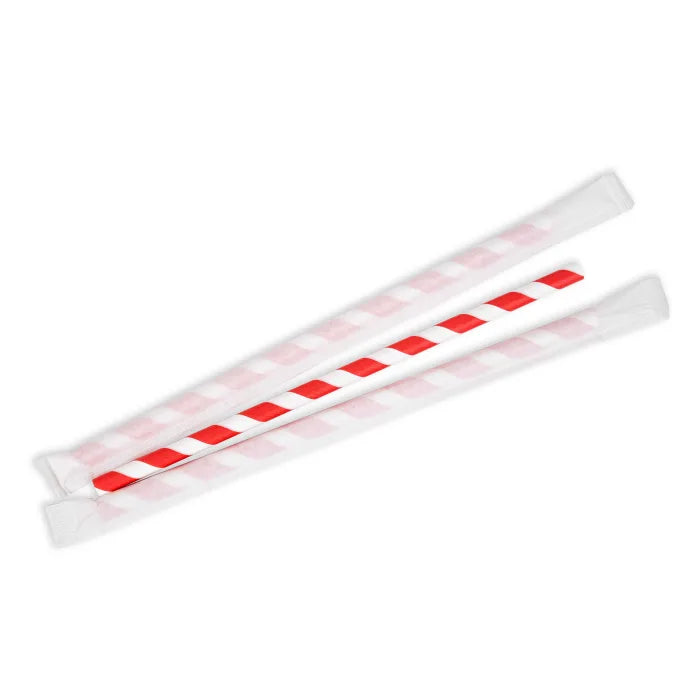 Individually Wrapped Jumbo Red & White Compostable Paper Straws (230x8mm) Box of 250