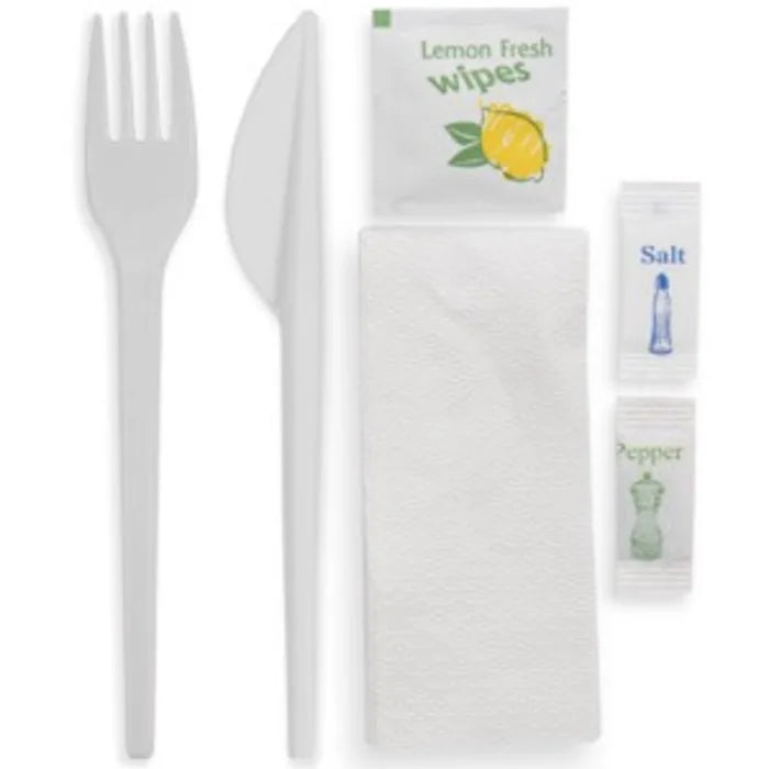 Standard-Weight Meal Pack (Fork-Knife-Salt-Pepper-Wet Wipes-1ply Napkin)-Box of 250