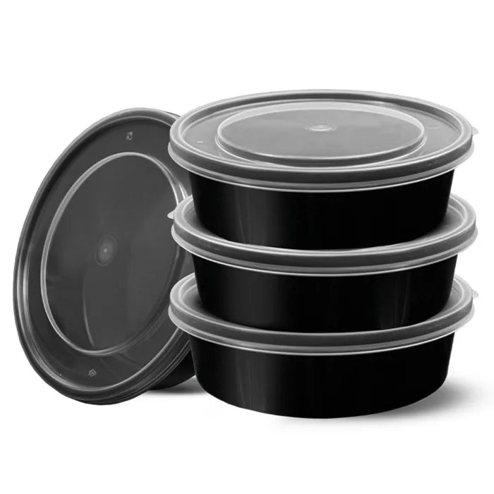 750ml Round Microwave Plastic Black Containers with Lids Box of 25