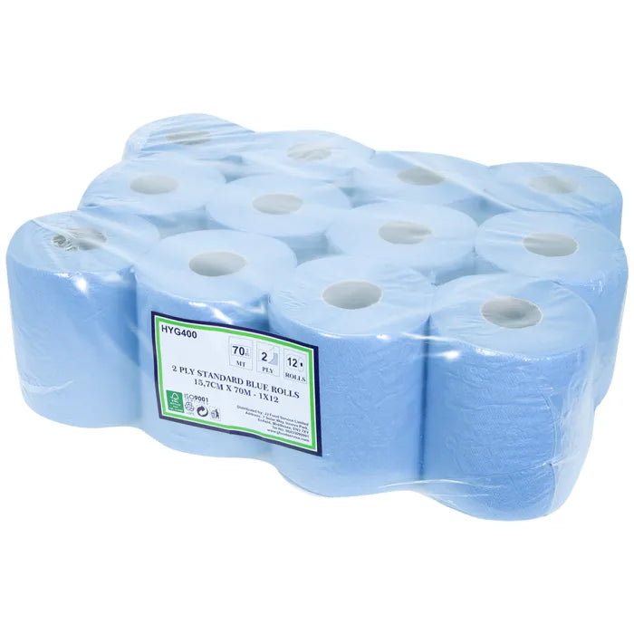 2 Ply Centrefeed Blue Rolls (15.7cmx70m) Case of 12