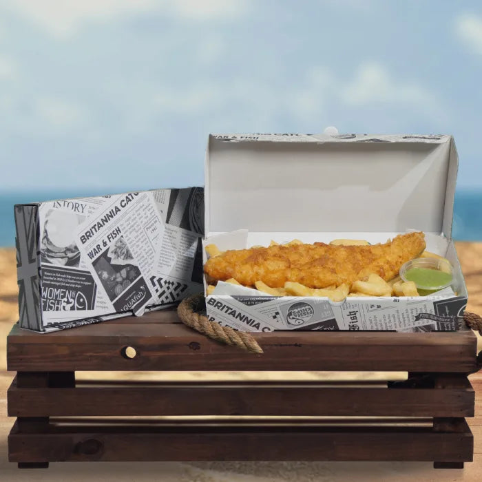 12" Newspaper Print Cardboard Fish & Chips Boxes (325x50x160mm) Case of 100