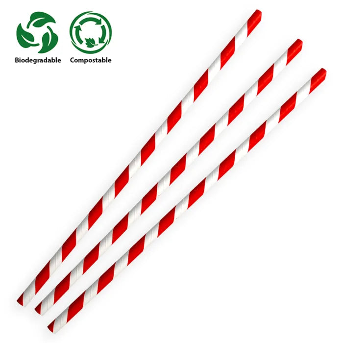 Red & White Compostable Paper Straws (197x6x6mm) Box of 250