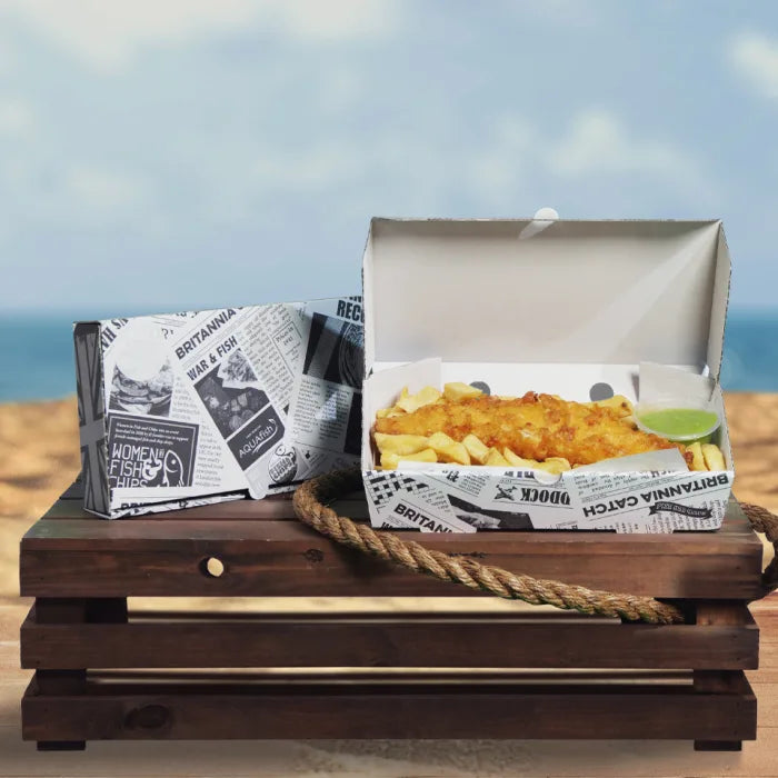 10" Newspaper Print Cardboard Fish & Chips Boxes (290x50x160mm) Case of 100