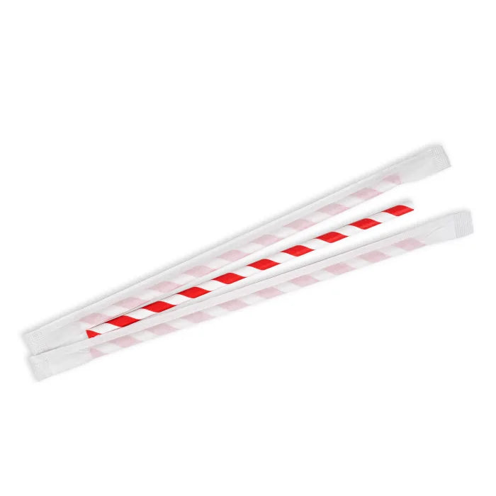 Individually Wrapped Red & White Compostable Paper Straws (197x6mm) Box of 250