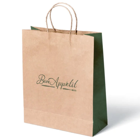 "Bon Appetit" Large Brown Paper Carrier Bags with Twisted Handle Case of 100