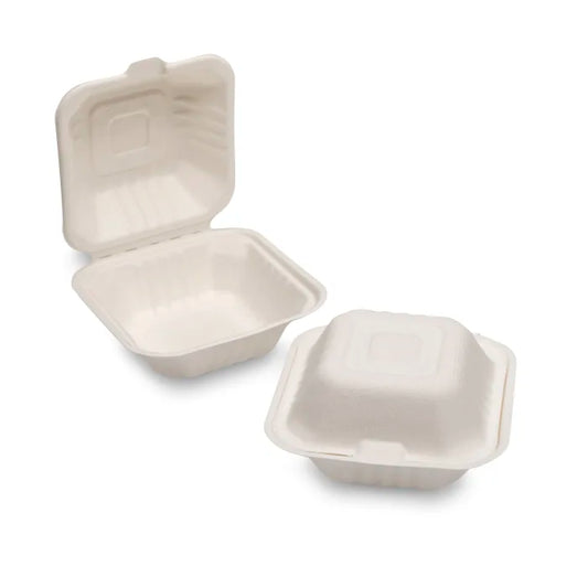 Natural Leaf 6" White Bagasse Burger Box (152x152x78mm/HP6) Case of 500