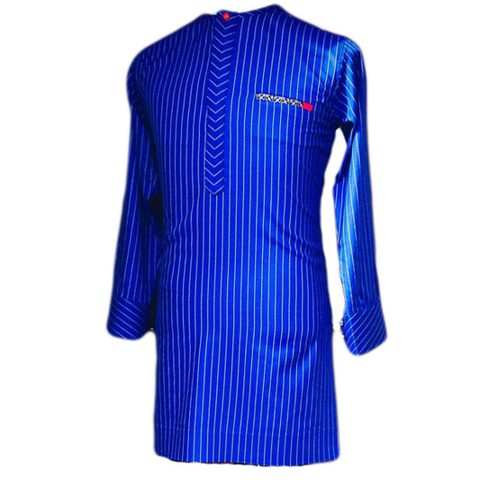 African Traditional Wear Men's Rich Blue Stripe Long Sleeve Top Shirt
