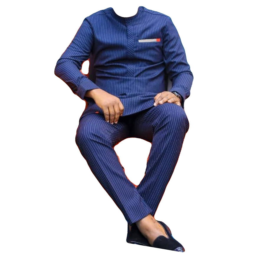 African Men's Outfit 2 Piece Set Dusky Blue Long Sleeve Top Shirt With Matching Trouser