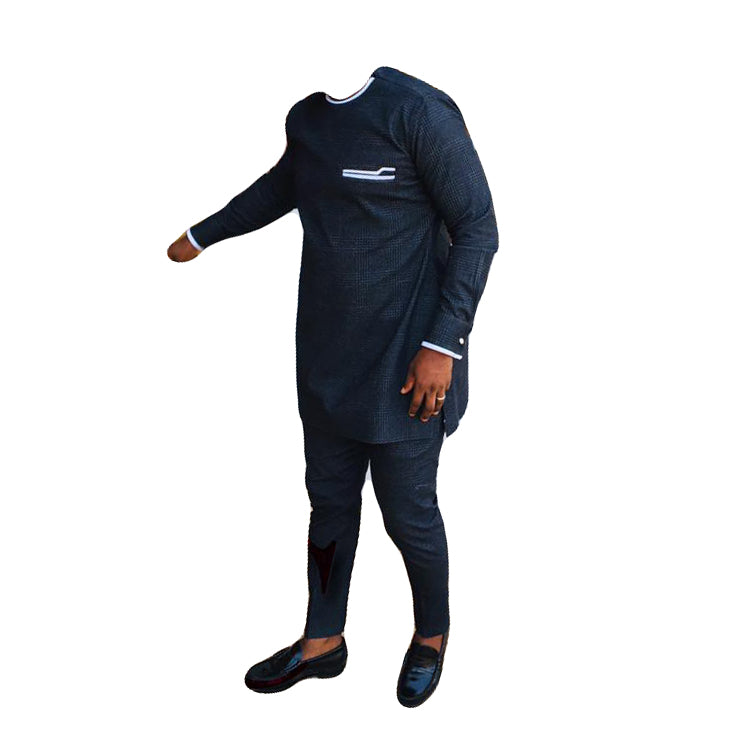 African Men's Outfit 2 Piece Set Dark Navy Long Sleeve Top Shirt With Trouser