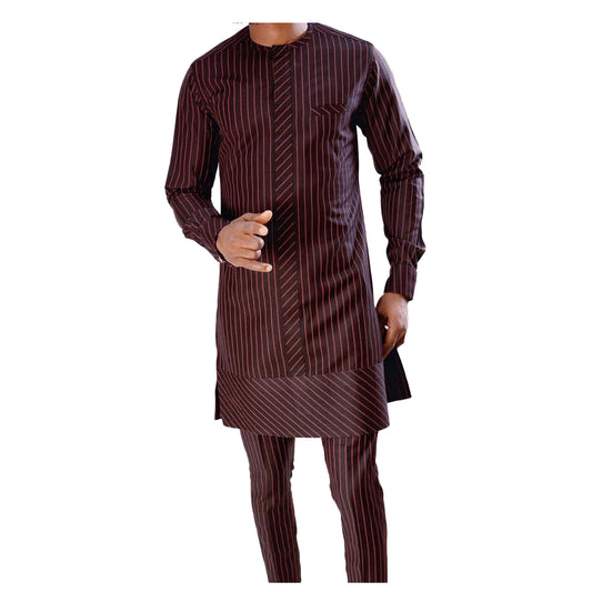 African Men's Outfit 2 Piece Set Black & Wine Striped Long Sleeve Top Shirt With Trouser