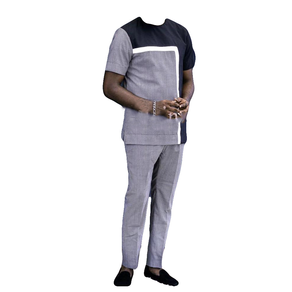 African Men's Outfit 2 Piece Set Grey Black Striped Short Sleeve Top Shirt With Trouser