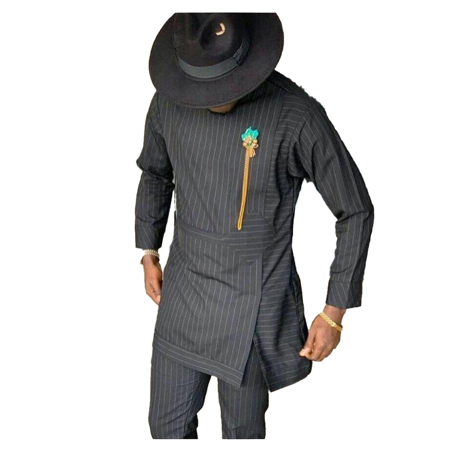 African Men's Outfit 2 Piece Set dark Grey Striped Long Sleeve Top Shirt With Trouser