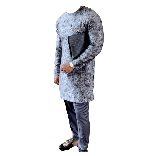 African Men's Outfit 2 Piece Set Metallic Silver Printed Long Sleeve Top Shirt With Trouser