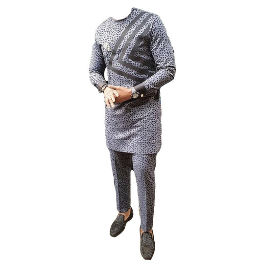 African Men's Outfit Two Piece Set Grey Striped Black Dot Printed Stylish Long Sleeve Top Shirt With Trouser