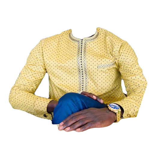 African Men's Outfit Golden Black Dot Printed Stylish Long Sleeve Top Shirt