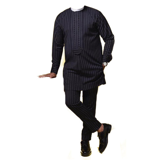 African Men's Outfit Two Piece Set Dark Striped Stylish Long Sleeve Top Shirt With matching Trouser