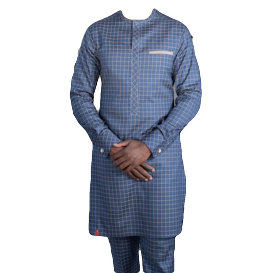 African Clothing Men's Outfit Two Piece Set Greyish Blue Striped Stylish Long Sleeve Top Shirt With matching Trouser