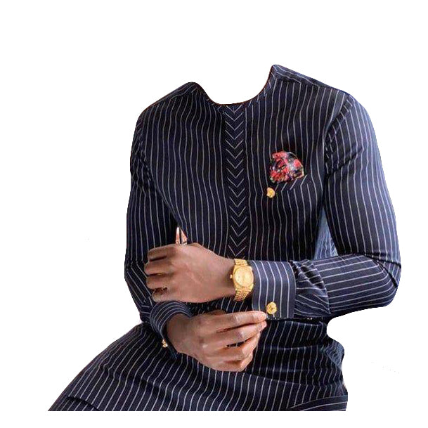 African Clothing Men's Outfit Purply Blue Striped Stylish Long Sleeve Top Shirt