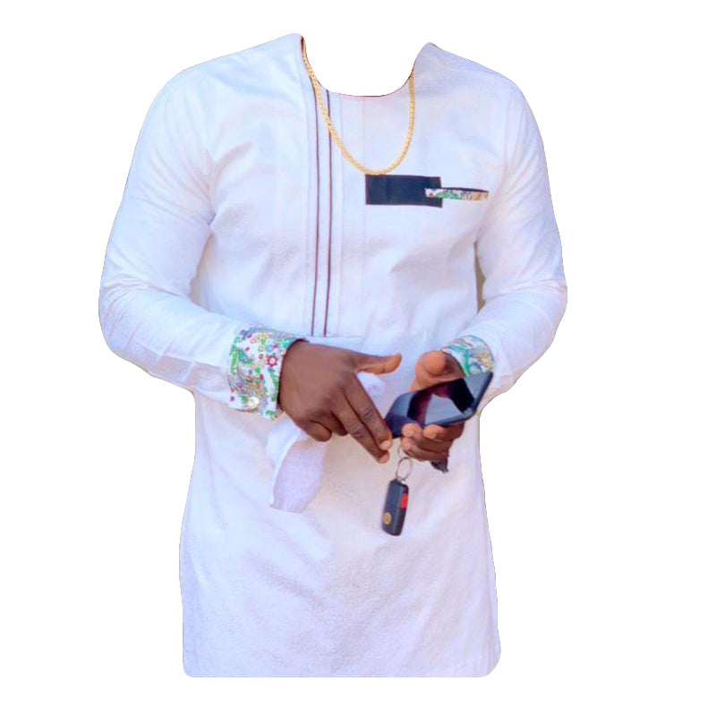 African Clothing Men's Outfit White Printed Stylish Long Sleeve Top Shirt