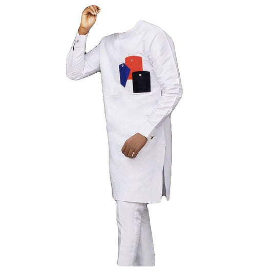 African Clothing Men's Outfit Two Piece Set White Long Sleeve Top Shirt with Matching Trouser