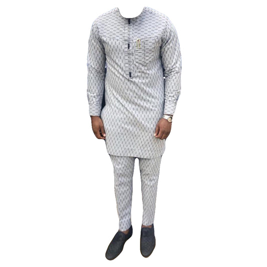 African Wear Men's Clothing Printed Light Grey Long Sleeve Top Shirt with Matching Trouser