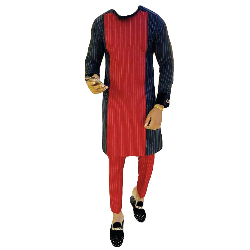 African Wear Men's Clothing Red and Black Long Sleeve Top Shirt with Matching Trouser