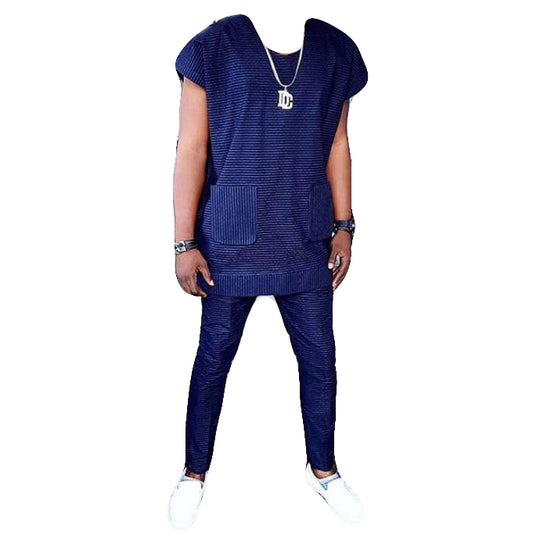 African Wear Men's Clothing Casual Navy Short Sleeve Top Shirt with Matching Trouser
