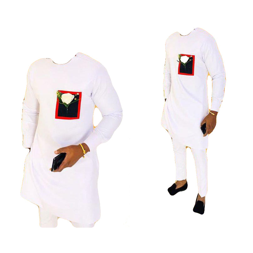 African Wear Men's Clothing Two Piece set Flower Printed Pocket White Long Sleeve Top Shirt with Matching Trouser