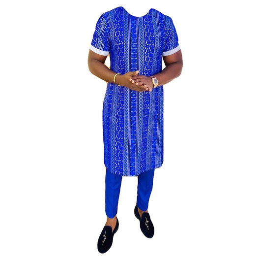African Wear Men's Clothing Two Piece set Sapphire Blue Printed Long Sleeve Top Shirt with Matching Trouser