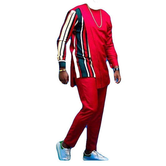 African Wear Men's Clothing Two Piece set Casual Red-Black Multicolor Striped Long Sleeve Top Shirt with Trouser