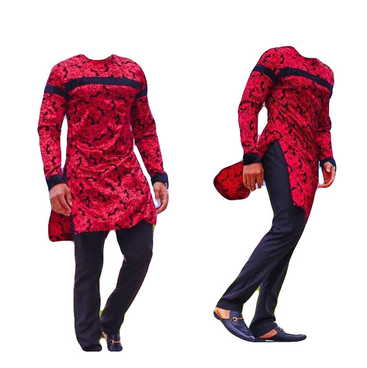 African Wear Men's Clothing Two Piece set Red Printed Black Striped Long Sleeve Top Shirt with Trouser