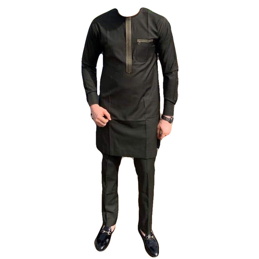 African Wear Men's Clothing Solid Black Long Sleeve Top Shirt with Matching Trouser