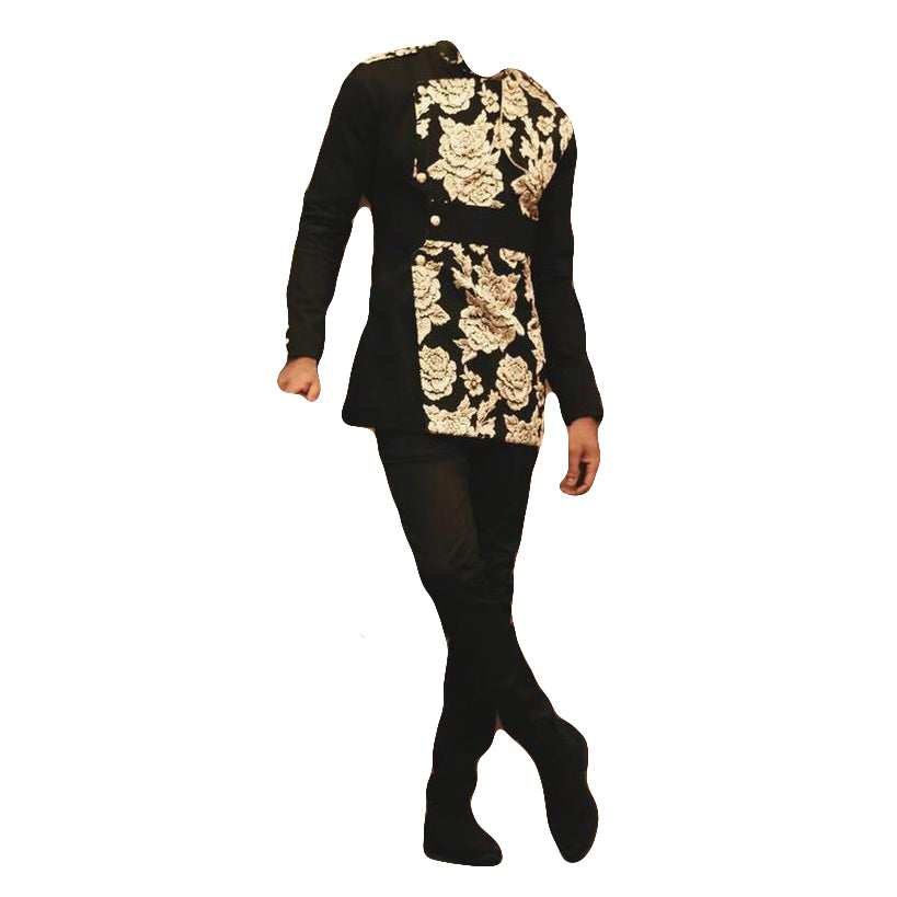 African Wear Men's Clothing Black & Golden Printed Long Sleeve Top Shirt with Trouser