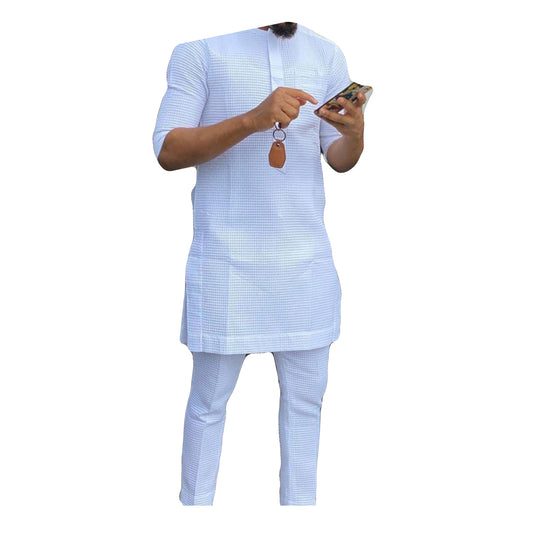 African Wear Men's Clothing Pure White Long Sleeve Two piece set Top Shirt With Matching Trouser