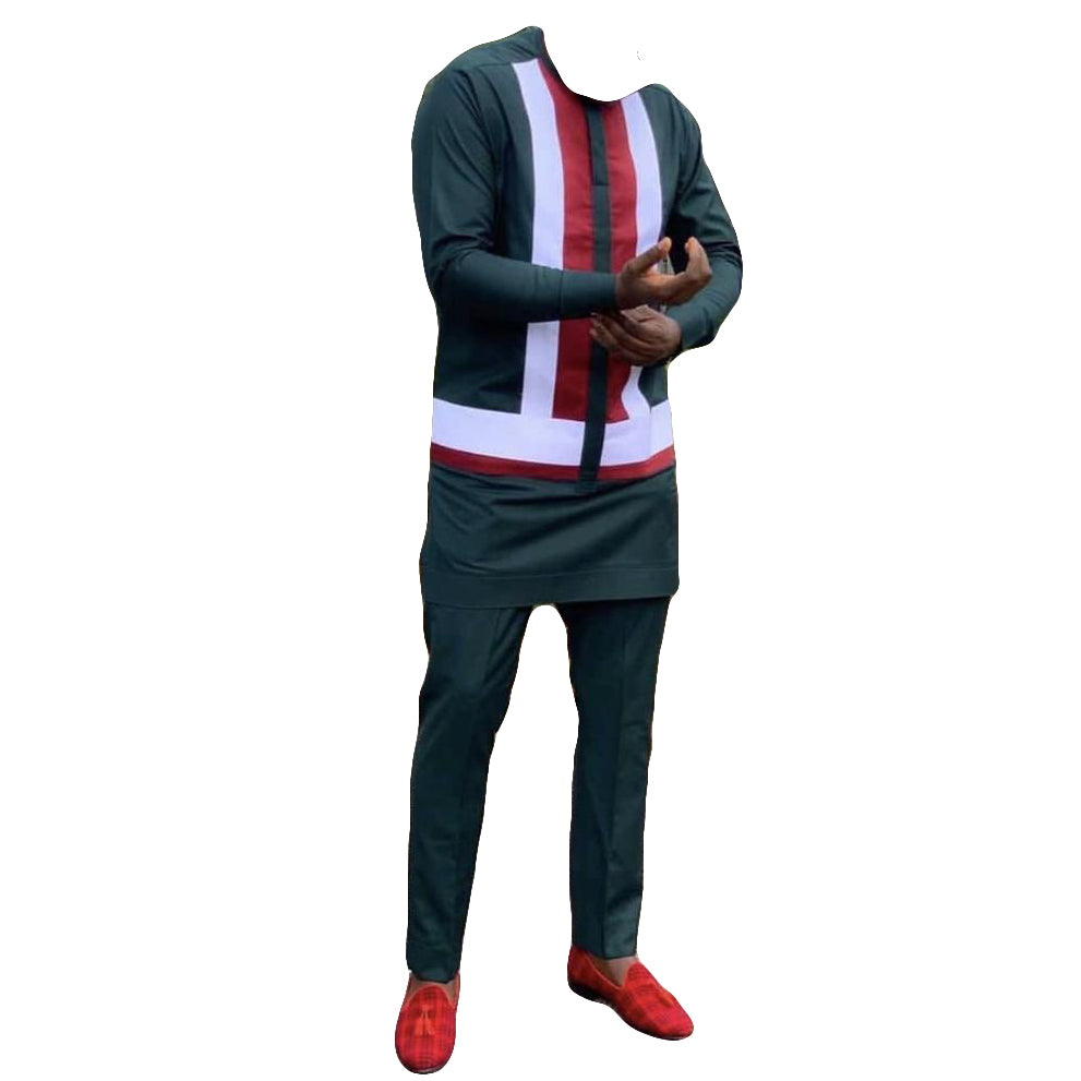 African Wear Men's Clothing Long Sleeve Two piece set Dark Blue Grey Multicolor Striped Top Shirt With Matching Trouser