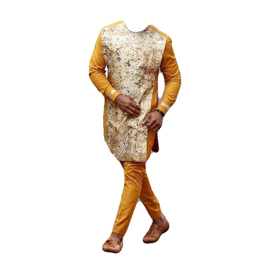 African Wear Men's Clothing Long Sleeve Two piece set Yellowy Brown Top Shirt With Matching  Trouser