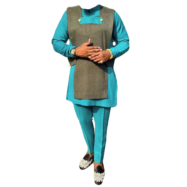 African Wear Men's Clothing Long Sleeve Two piece set Teal Blue & Olive Top Shirt With Trouser