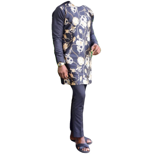 African Wear Men's Long Sleeve Two piece set Marble Blue Printed Top Shirt With Trouser